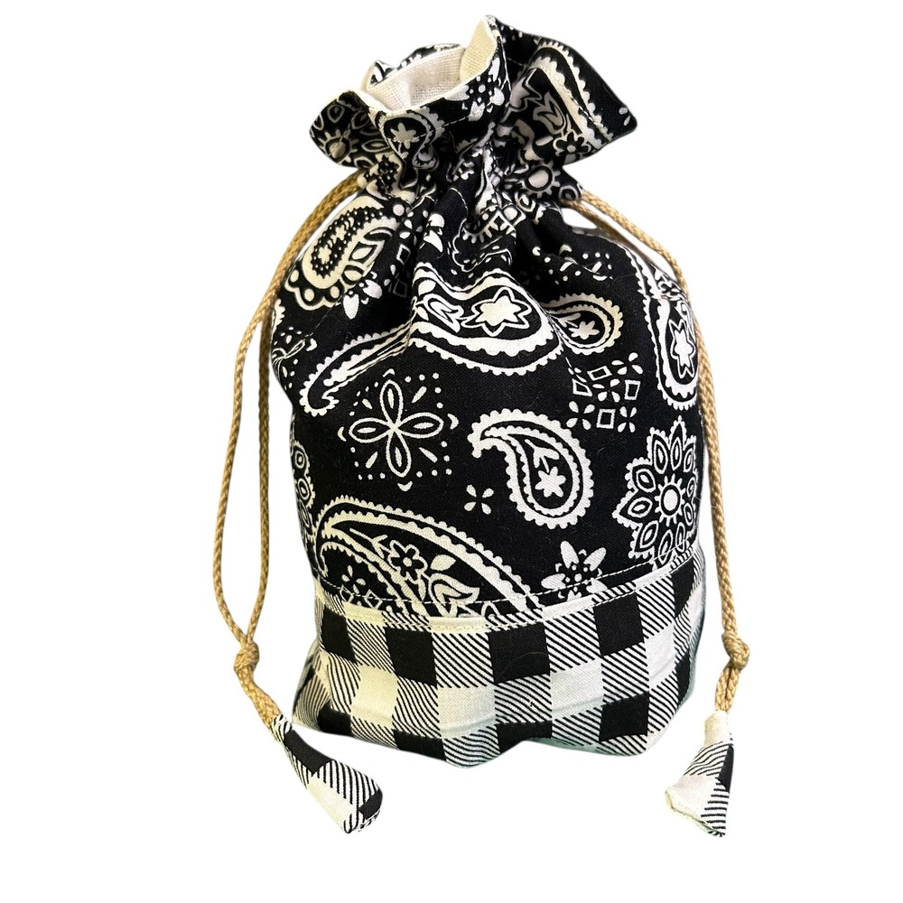 Black White Paisley Buffalo Plaid Gingham Drawstring Bag Wristlet Handmade NEW